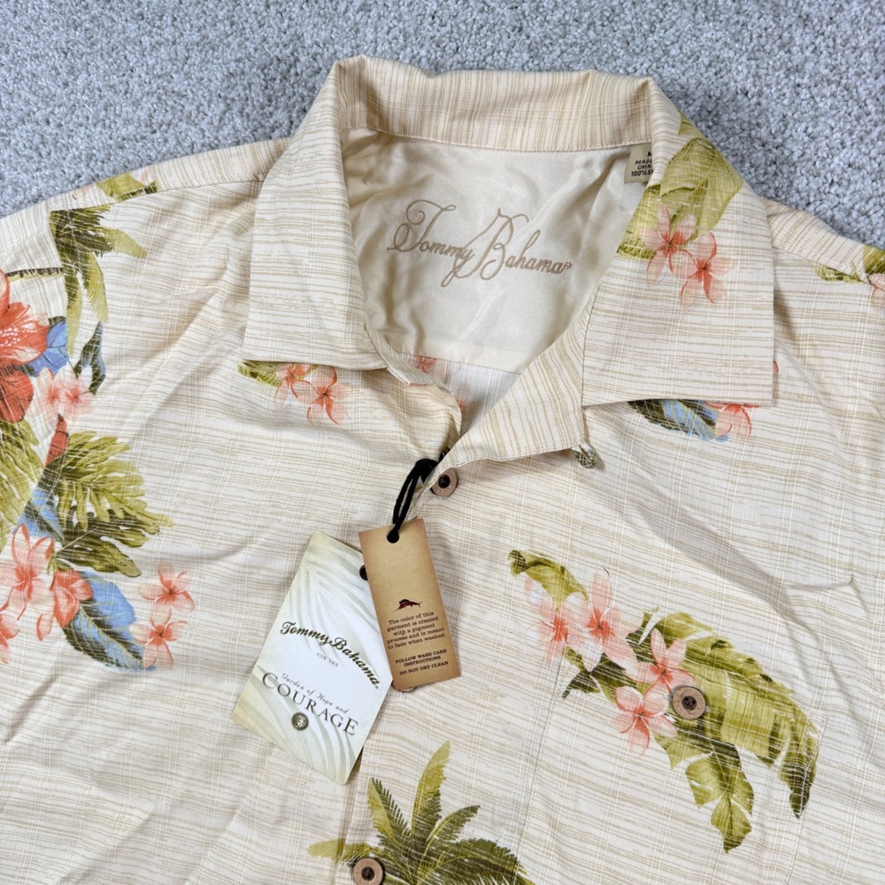 NEW Tommy Bahama Button Up Shirt Men Med Tan Silk Tropical Florial